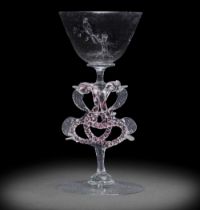 A Dutch engraved fa&#231;on de Venise serpent-stemmed winged wine glass, second half 17th century