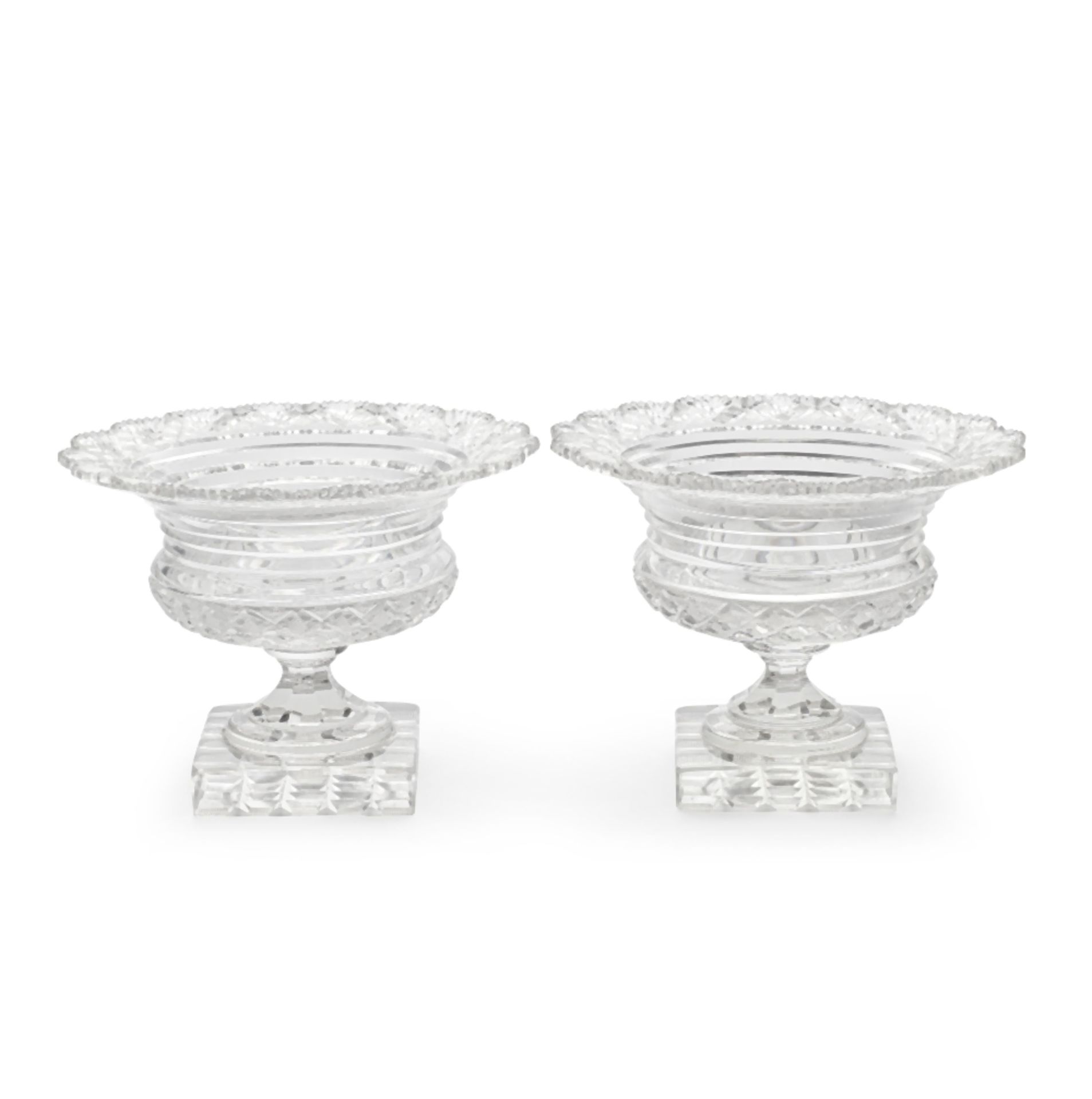 A fine pair of cut glass pedestal bowls, probably Irish, early 19th century