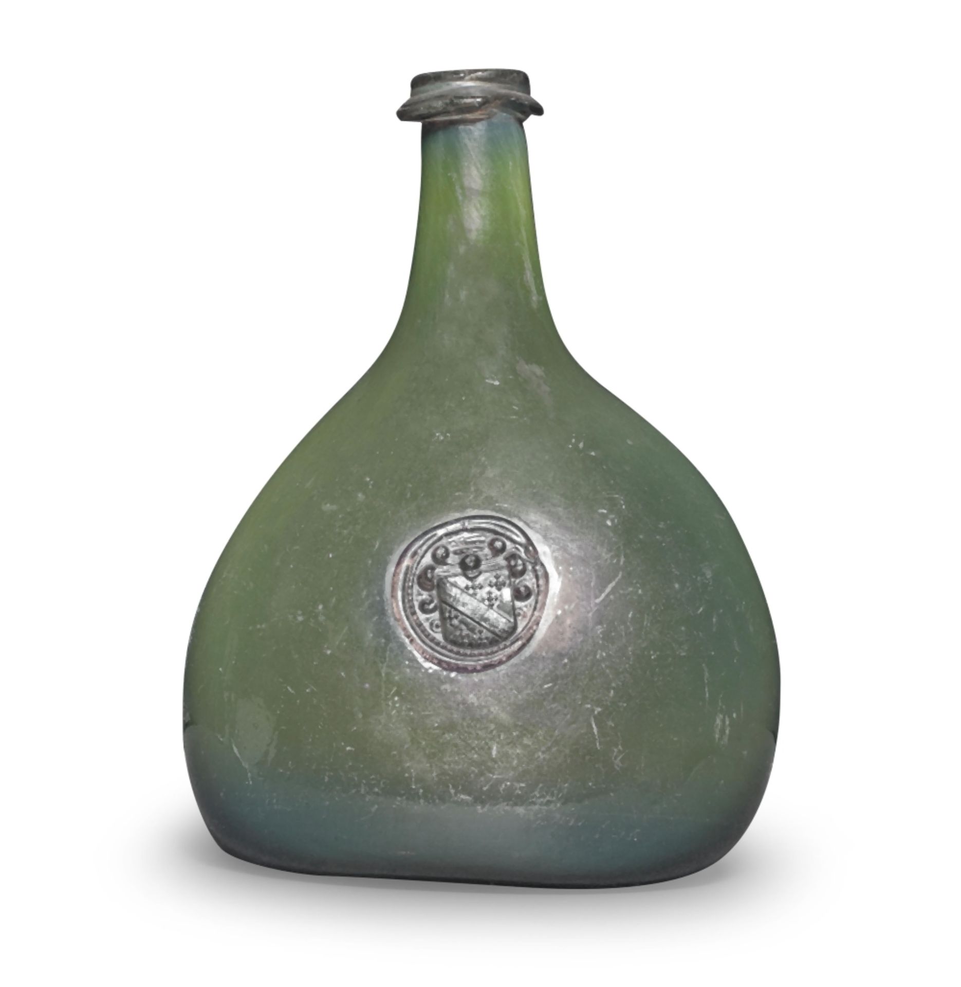 A rare and attractive armorial sealed opalescent half size 'Bladder' wine bottle, circa 1725