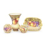 Three Royal Worcester 'Painted Fruit' vases and a dish, circa 1960-80
