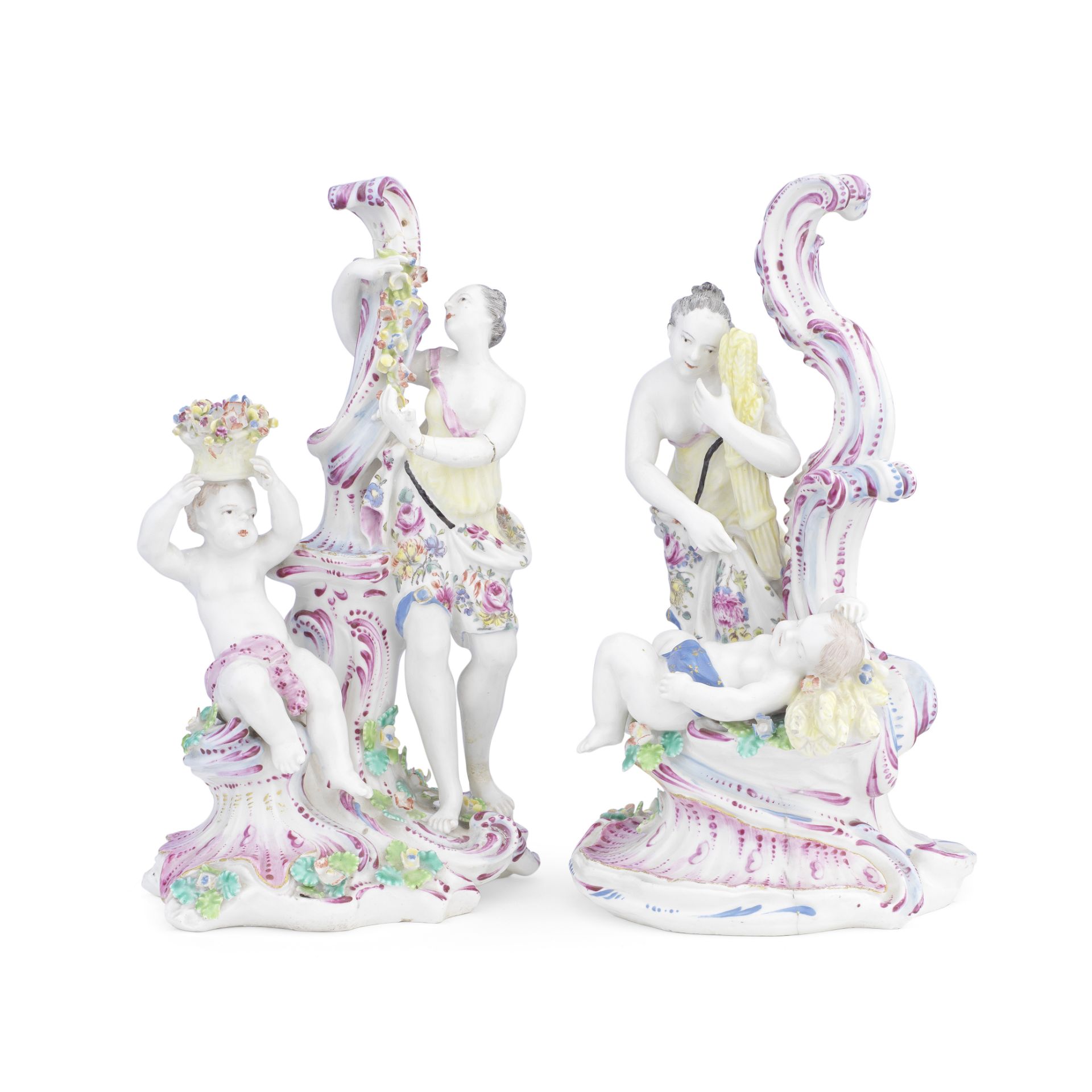 A pair of Bow figural candlesticks emblematic of Spring and Summer, circa 1760