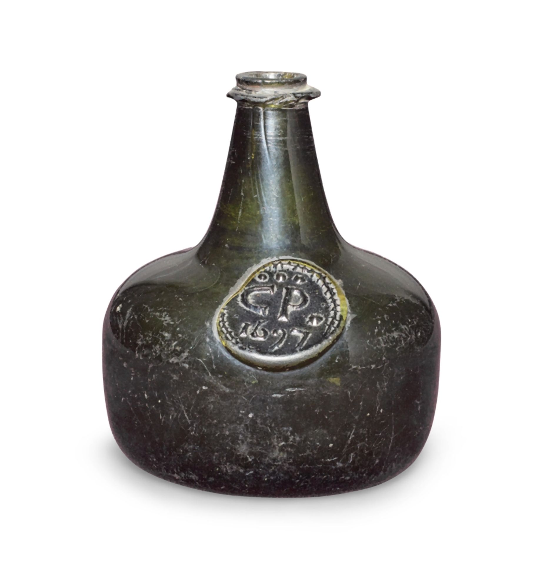 A very rare sealed half size 'Onion' wine bottle, dated 1697