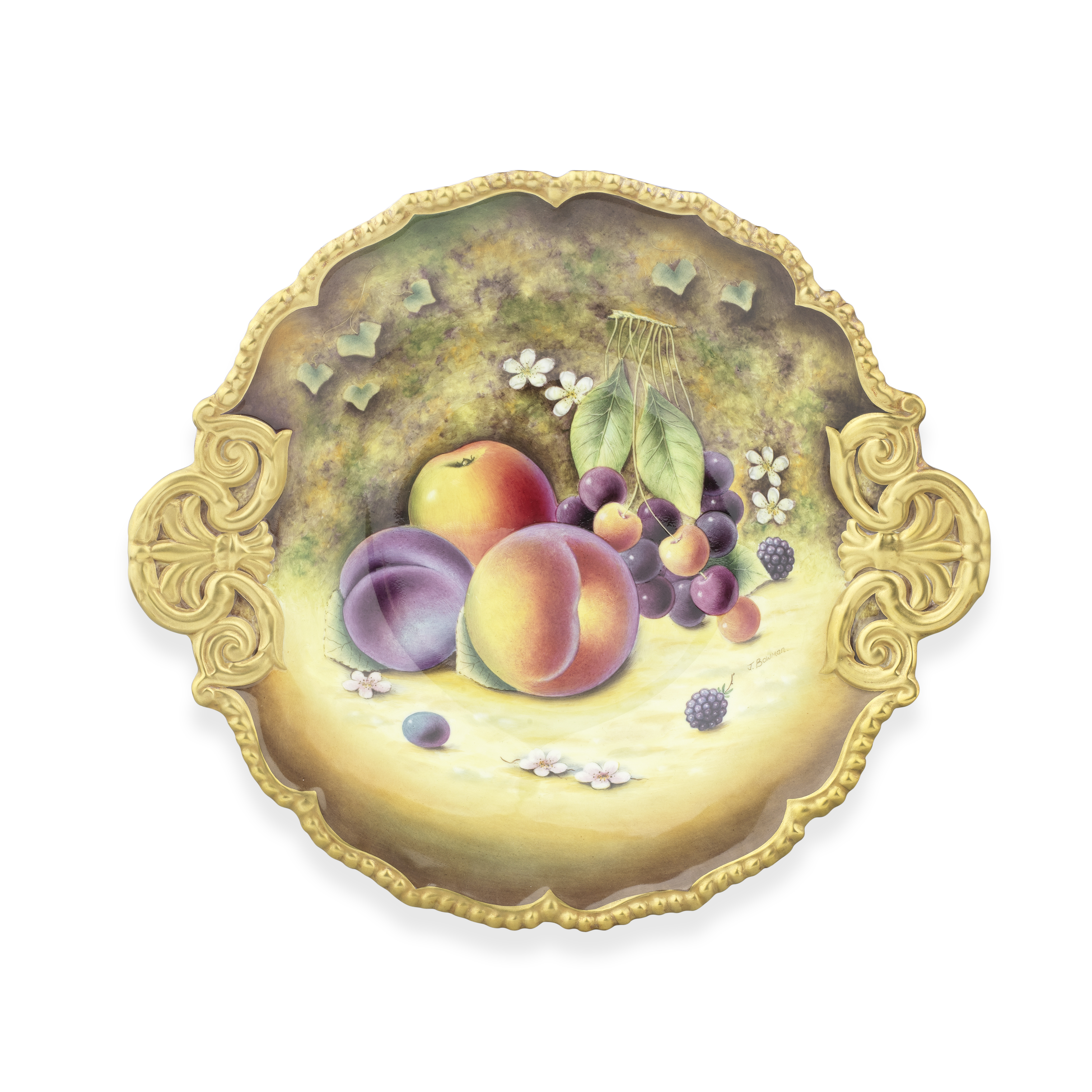 A large Royal Worcester 'Painted Fruit' dish by Jason Bowman, late 20th century