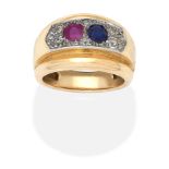 RUBY, SAPPHIRE AND DIAMOND RING