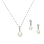 CULTURED PEARL AND DIAMOND PENDANT/NECKLACE AND EARCLIPS (2)