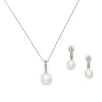 CULTURED PEARL AND DIAMOND PENDANT/NECKLACE AND EARCLIPS (2)
