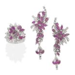 RUBY AND DIAMOND PENDENT EARRINGS AND RING SUITE (2)