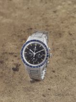 Omega. A fine and rare stainless steel manual wind chronograph bracelet watch with rare blue bez...