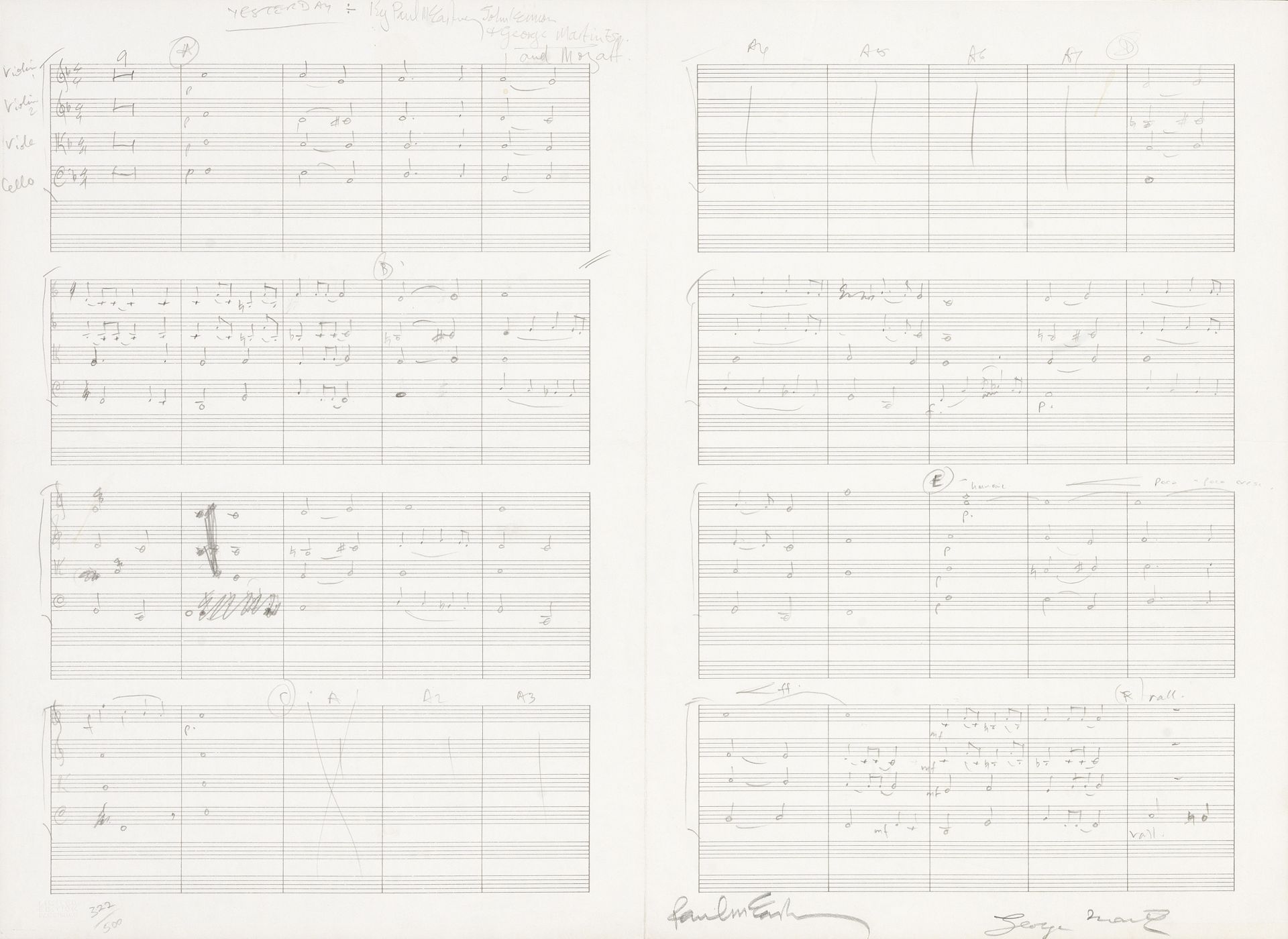 The Beatles/Paul McCartney: A Limited Edition Lithograph of the Music Score for Yesterday, 1965,