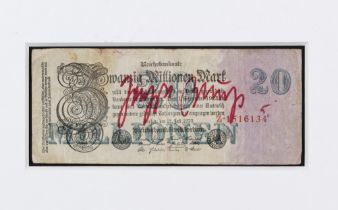 JOSEPH BEUYS (1921-1986) Reichsbanknote 20 Millionen Mark 1923 Billet de banque. Sign&#233; au ...