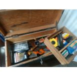 Vintage Joiners tool box full of drill heads, measuring tape, screws and many other tools