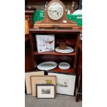 Vintage mantel clock, wine glasses, plated ware and framed pictures
