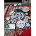 Box of collectables includes dragon patter vases, plate, large Royal Doulton figure reflections