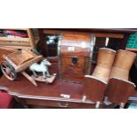 A lot of wooden items to include box, bookends and horse/cart