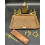 Antique Indian serving tray, Brass lantern bell carriage clock, Gilt brass figure paperweights,