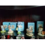 Shelf of Royal Doulton Beatrix potter figures includes yock yock in the tub , old Mr brown etc