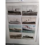 Framed ship post cards includes RMS Lancastria etc