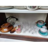 Shelf of collectables include drift wood display piece, crystal glasses, coffee-percolator and