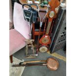 Large barometer, brass cherub picture stand , shooting sticks etc