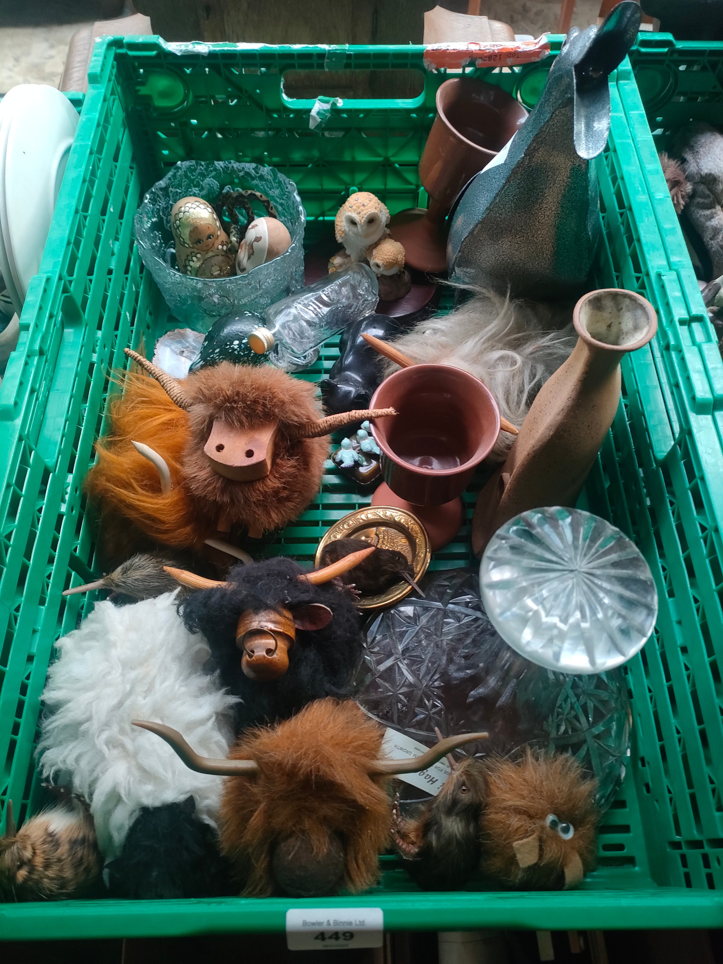 Box of collectables includes highland cows, crystal & ornaments etc