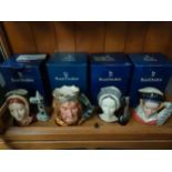 Shelf of Royal Doulton Toby jugs to include King Arthur, Catherine of Aragon, Anne Boleyn and Anne