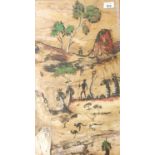Aborigine painting/mixed media on tree bark, unsigned [60x36cm]