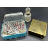 Arts and Crafts brass worked trinket box- marked HVB, Enamel badges, whistle, tin and perfume bottle