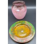 Monart Art Glass pink, black and gold speckle vase together with an Art Glass yellow, orange and