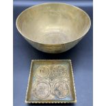 Antique Chinese Bronze/ brass 6 character signature bowl, engraved with a dragon design band.