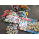 Selection of vintage football annuals , with collection of vintage football cards and Meccano etc