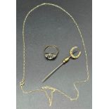 9ct Yellow gold horse shoe pin brooch, 9ct yellow gold necklace and 9ct yellow gold ring- missing