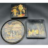 A Lot of three antique/ vintage Japanese lacquered and hand painted items. Two boxes and plate.