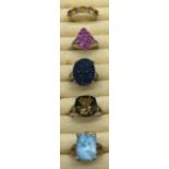 A Lot of 5 various 925 silver and gem stone rings. Includes pink topaz set ring, Green quartz ring