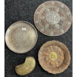 A selection of antique Indian brass, copper and silver worked items. Includes three wall chargers