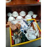 Box of collectables to include clay sculpture Signed by the artist, booths blue and white jug.