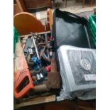 Box of vintage tools together with portable gas stove