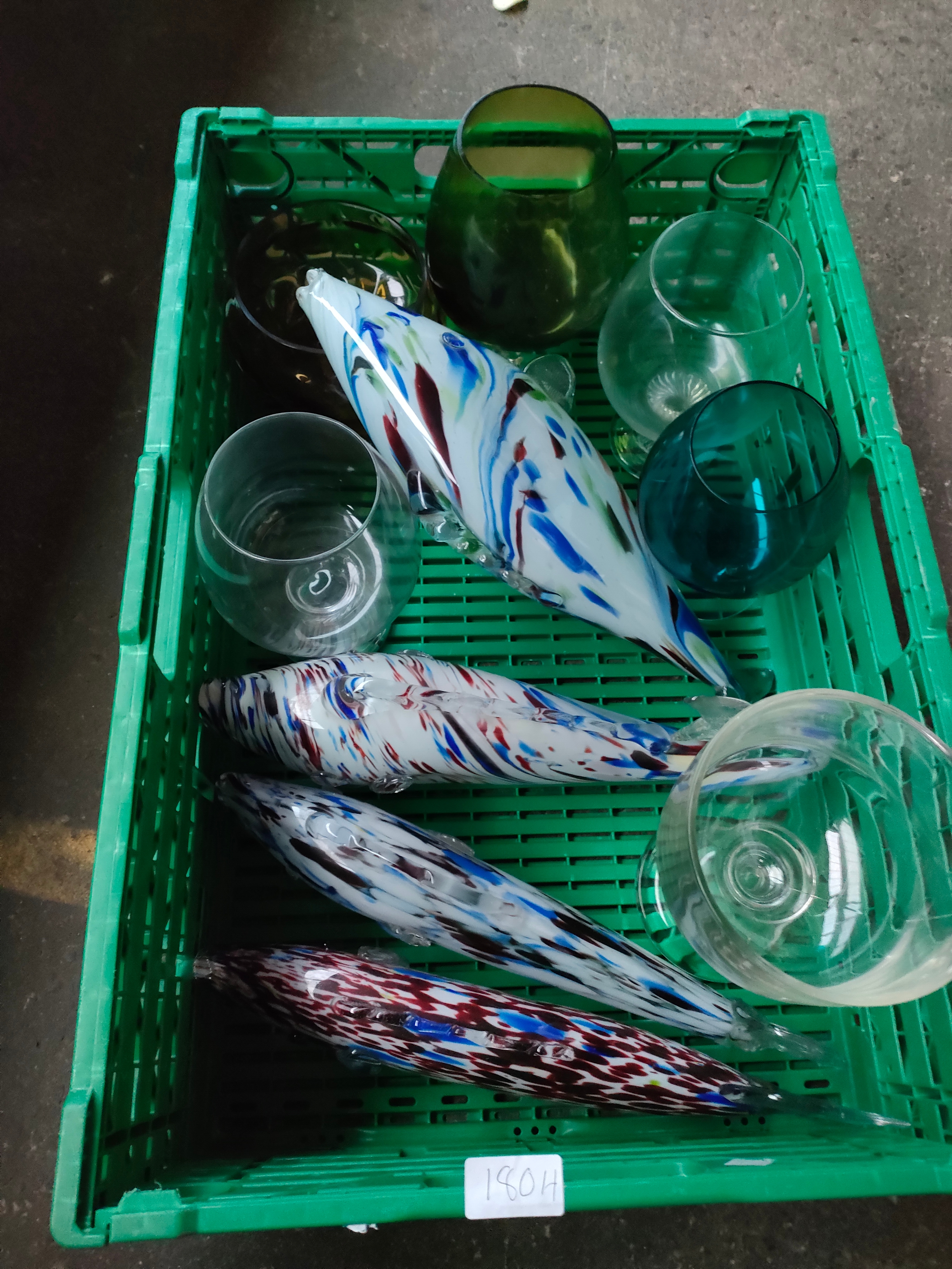 Box of art glass fish etc