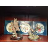 Border fine arts owl figure, country artist bird study together with 3 Royal Doulton plates