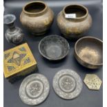 A Collection of Indian antique metal ware to include Bidriware vase, Pewter Indian dishes, gilt
