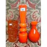 Orange white friars vase together with 2 orange art glass vases