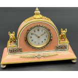 In the Manner Faberge Antique silver and enamel clock, silver gilt and salmon pink enamel body.