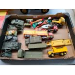 Box of playworn vehicles includes dinky armoured tanks etc