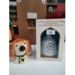 Victorian Staffordshire dog bank together with boxed Prince William of Wales decanter with box