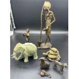 A Lot of Asian Bronze and brass collectables. Includes antique bronze elephant, African bronze