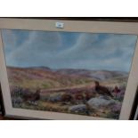 Large Scottish scene pheasants grazing print set in heavy mahogany framing