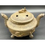 Antique Asian highly decorated bronze censor burning pot. [15x23x17cm]