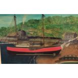 Large oil on board depicting harbour scene with large boat signed T Walsh. [65x94cm]
