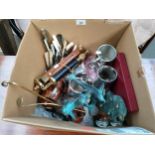 Box of collectables include dolphin study, copper drink measure ladles, small scope and stand etc