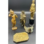 A Selection of antique bronze and brass sculptures to include bronze renaissance paperweight plaque,