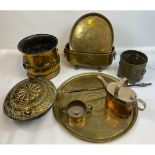 A mixed lot of brass and copper ware to include arts & crafts lion head handle coal bucket, arts and